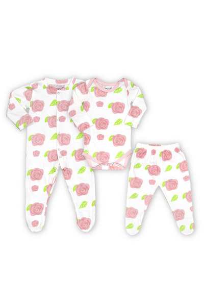 Moon Organic Baby 3 In 1 Romper Bodysuit with Joggers/Co-ord Set - Rose Print