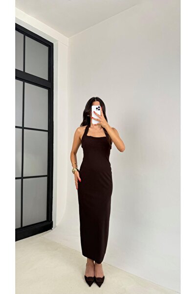 Gaus Acı Kahve Boyundan Bağlamalı Yırtmaç Detaylı Likralı Elbise GAUS-0054