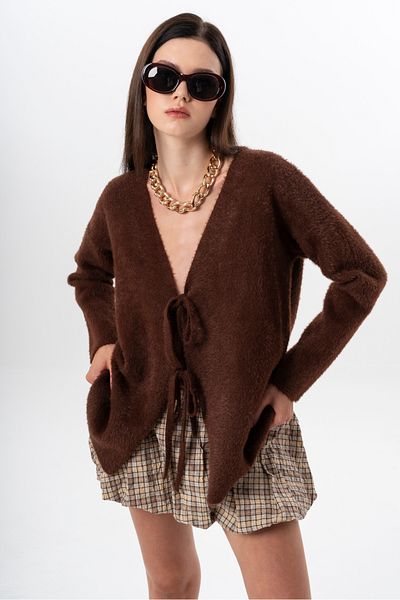 NATUFIAN STORE Women's Short Shaggy V-Neck Tie-Up Basic Long Cardigan