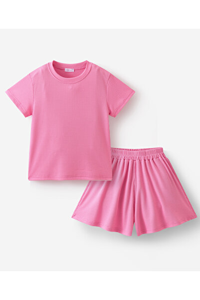 SAPS 100% Cotton Solid Ribbed Short Sleeves T-Shirt and Shorts Co-ords Set - Pink