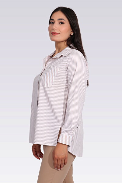 TOLGA SARAÇOĞLU 11037 Beige Cotton Mixed Striped Shirt