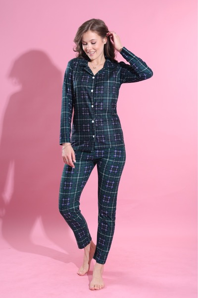 Elit Khaki Plaid Front Button Winter Suede Velvet Women's Pajamas Set