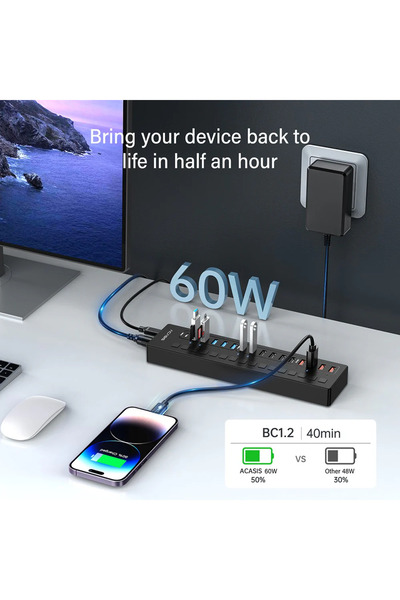 Acasis DS516PB 16 Port USB,Type-C, Akıllı Şarj, LED,Adaptörlü HUB AC DS516PB