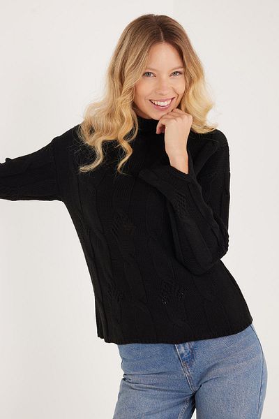Tudors Women's Regular Fit Classic Cut Half Turtleneck Knitted Patterned Black Sweater