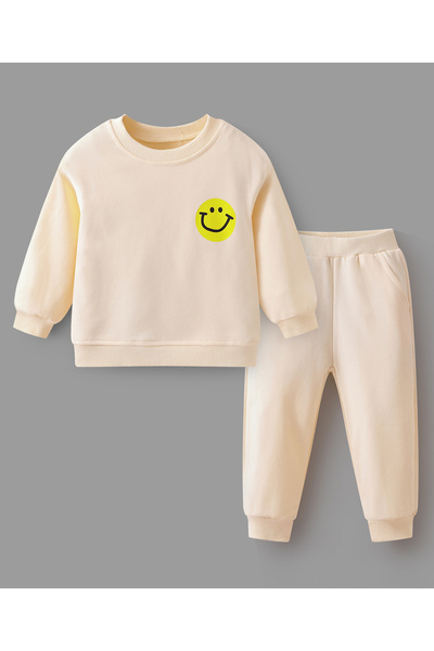 SAPS Smiley Face Printed Top and Pants Set - Light Beige