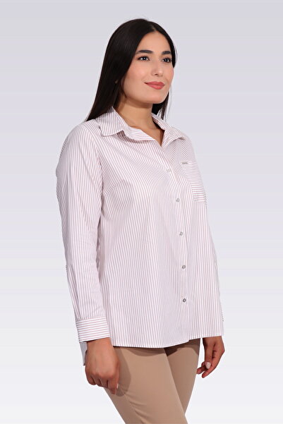 TOLGA SARAÇOĞLU 11037 Beige Cotton Mixed Striped Shirt