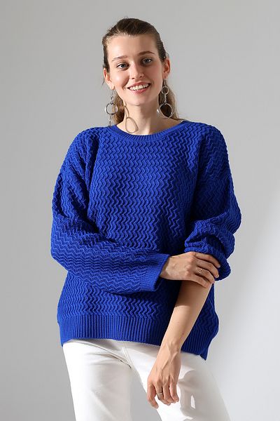 ALCHON Round Neck Long Sleeve Zigzag Walking Pattern Loose Relaxed Fit Winter Knitwear Sweater