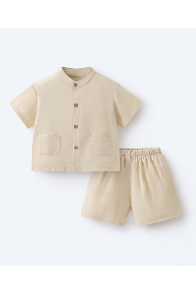 SAPS 100% Cotton Solid Mandarin Collar Shirt and Shorts Co-Ords Set - Beige