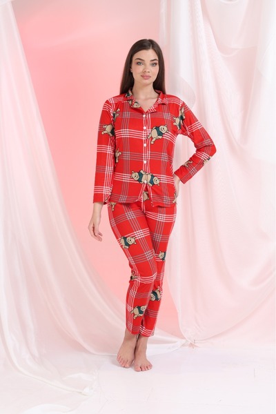 Elit Red Plaid Winnie Bear Front Button Winter Suede Velvet Women's Pajamas Set