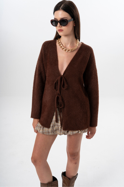 NATUFIAN STORE Women's Short Shaggy V-Neck Tie-Up Basic Long Cardigan