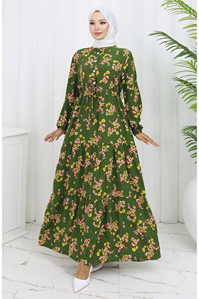 sefamerve Viskon Kumaş Beli Bağcıklı Elbise 2132-01 Haki