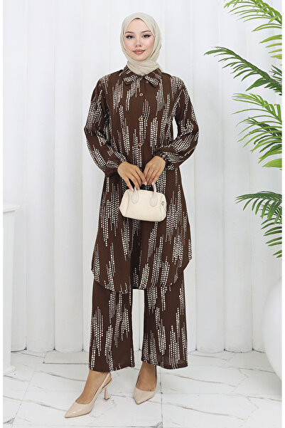 sefamerve Παντελόνι από ύφασμα βισκόζης Σετ δύο τεμαχίων 0132-01 Καφέ