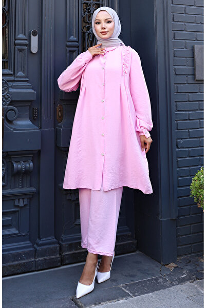 sefamerve Ruffled Front Tunic Pants Double Set 2128-04 Pink