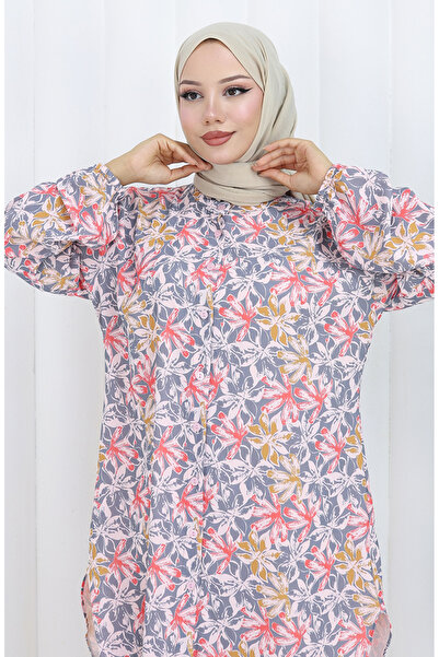 sefamerve Large size floral patterned tunic 3024-01 gray