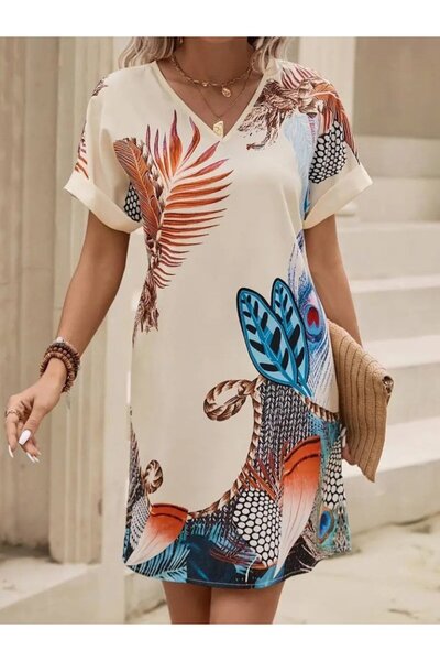 ALPACO فستان أطلس قصير الأكمام بياقة على شكل حرف V ونقشة - مجموعة