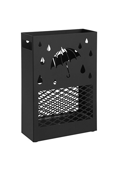 SONGMICS Metal Umbrella Stand with Hooks and Drip Tray, 28x12x41cm, Black