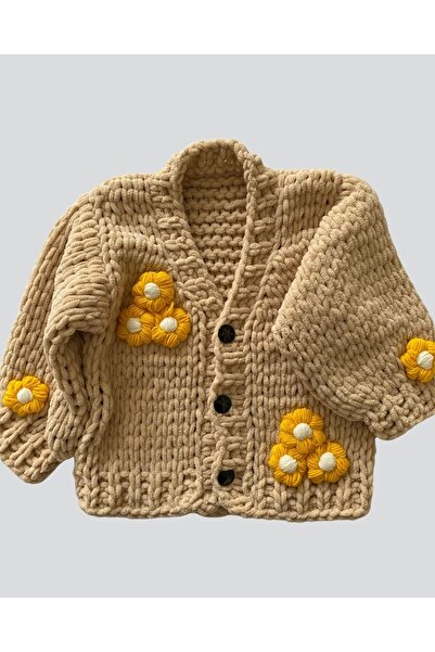 OEM El Yapımı Kalın Örgü Çocuk Hırkası, Bej Renk, Sarı Çiçek Detaylı