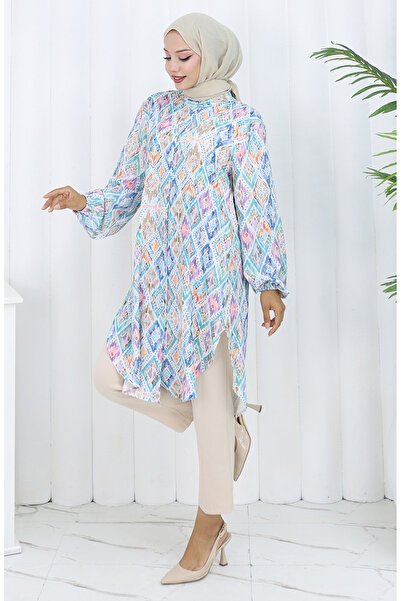 sefamerve Plus Size Ethnic Patterned Tunic 3025-03 Blue