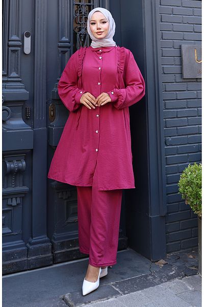 sefamerve Ruffled Front Tunic and Pants Double Set 2128-03 Fuchsia