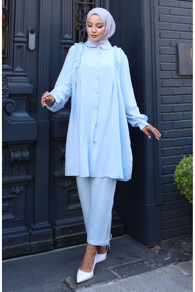 sefamerve Ruffled front tunic pants double set 2128-05 light blue