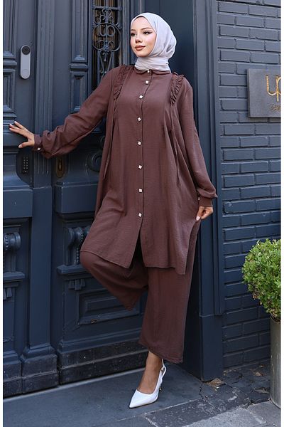 sefamerve Ruffled Front Tunic Pants Double Set 2128-06 Brown