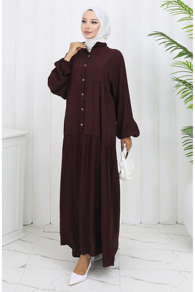 sefamerve Viscose Fabric Half Button Dress 2130-04 Brown