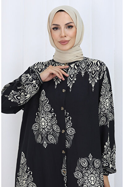 sefamerve Hakim Yaka Desenli Elbise 2126-05 Siyah Vizon