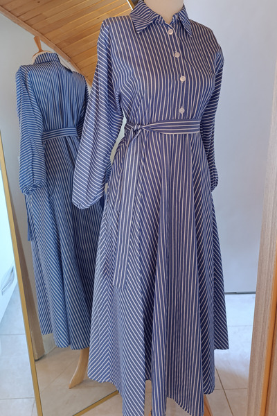 Moda evcen Blue and White Striped Full Length Flared Skirt Dress