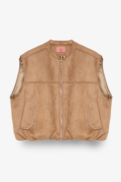 Quzu Vestă cu aspect de piele intoarsa cu detaliu de cusaturi în zig-zag, cu talie elastică, bej