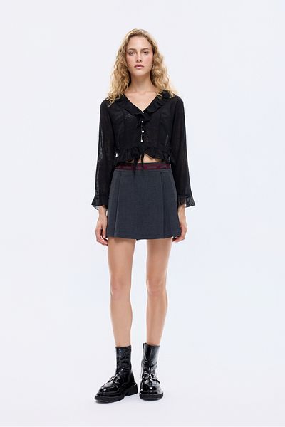 Quzu Stripe Waist Detailed Pleated Mini Shorts Skirt Anthracite