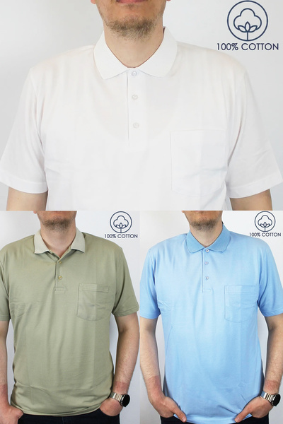 TANİŞ GİYİM Men's Polo Neck Pocket Classic Fit Mercerized 3 Pack Plus Size T-Shirt