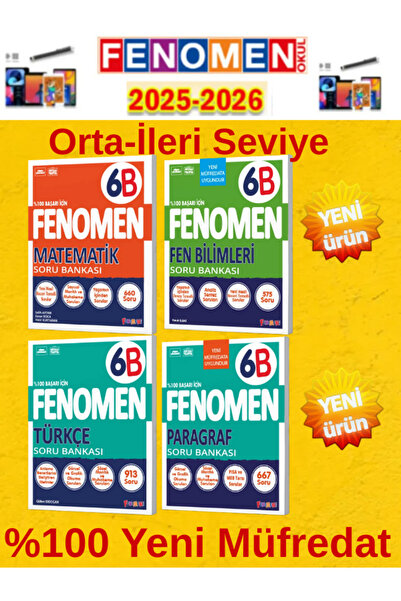 Fenomen Yayıncılık 6.Sınıf Mat-Fen-Türkçe -Paragraf B Fenomen Soru Bankası Seti %100 Yeni Müfredat+Kalem(4 Kitap)