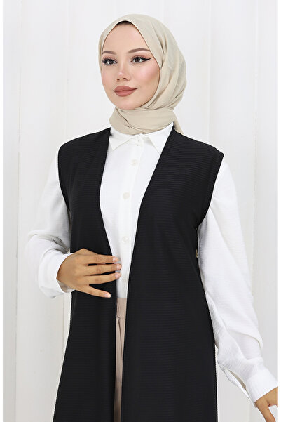 sefamerve Sade Ince Basic Uzun Yelek Kadın Yelek Büyük Beden Yelek 8763-01A Siyah