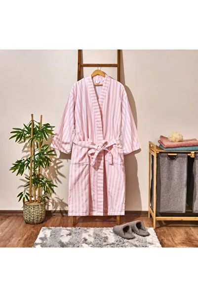 Evidea Soft Kimono Striped Women's Bathrobe - White / Pink - L / XL
