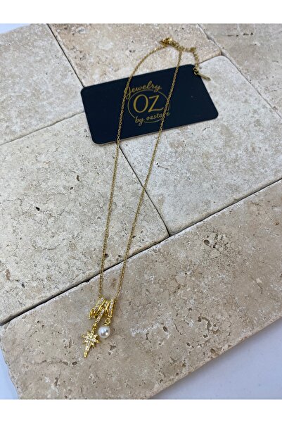 Byoz store قلادة نسائية من الفولاذ الذهبي مع لؤلؤ نجمة الشمال وقلادة سوليتير
