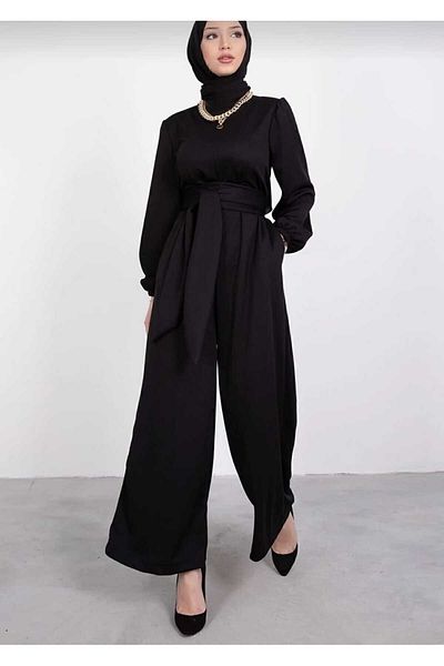 Gülmude Stylish Black Hijab Jumpsuit with Wide Belt Wrap