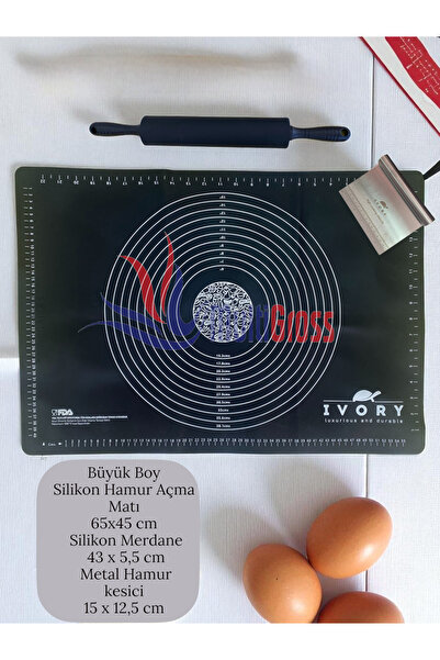 Multiamo Large Size Silicone Dough Rolling Mat Plastic Handle Silicone Roller Metal Dough Cutting Apparatus Black