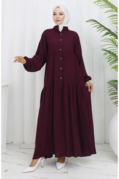 sefamerve Viscose fabric half button dress 2130-03 burgundy