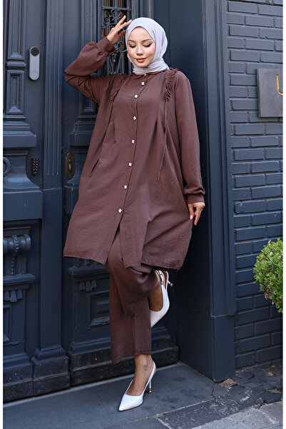 sefamerve Ruffled Front Tunic Pants Double Set 2128-06 Brown