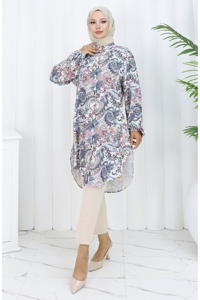 sefamerve Τουνίκ με μοτίβο σάλι Plus Size 3026-01 Ecru