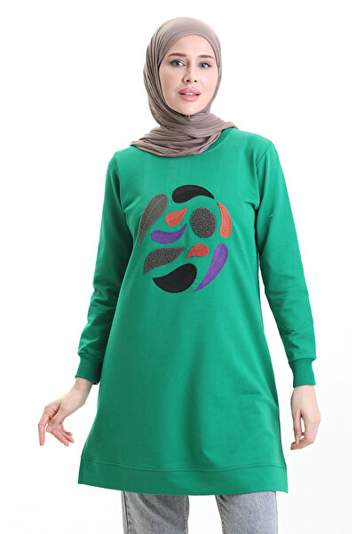 sefamerve Ribanalı Yırtmaçlı Araboy Tunik 9117-07 Zümrüt Yeşili