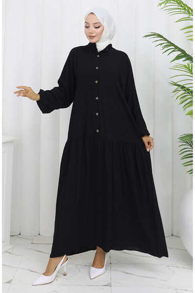 sefamerve Viscose fabric half button dress 2130-02 black