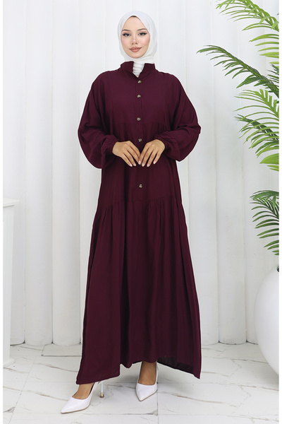sefamerve Viscose fabric half button dress 2130-03 burgundy