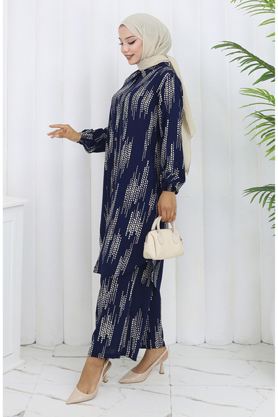 sefamerve Viscose Fabric Tunic Trousers Double Set 0132-02 Navy Blue