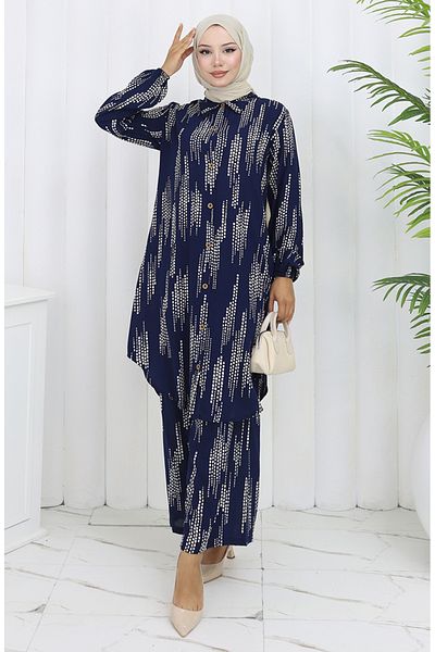 sefamerve Viscose Fabric Tunic Trousers Double Set 0132-02 Navy Blue
