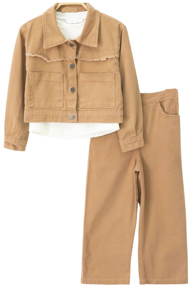 İrem Çocuk Giyim Girl's Brown Gabardine Jacket Pants Badu Triple Suit