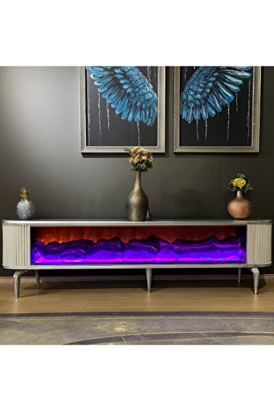 SEDAŞ LIVING UNITS Tv Ünitesi Şömineli Beyaz Gümüş Ayak Bluetooth Ve Hoparlör...