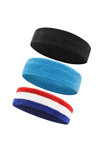 Aolikes عصابات رأس رياضية مقاومة للعرق، متعددة الألوان، أسود-أزرق سماوي، 3 قطع، للرجال والنساء - مقاومة للرطوبة، مقاس صغير