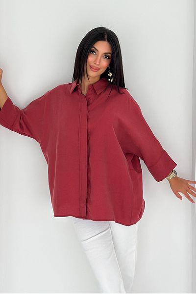 FEMELLE Women's Burgundy Hidden Button Comfortable Fit Bat Sleeve Loose Fit Oversize