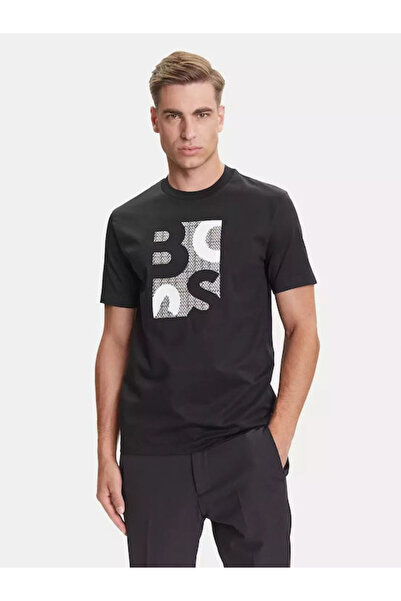 BOSS Erkek Regular Fit Yuvarlak Yakalı Logo Baskılı Pamuklu Kısa Kollu Siyah ...